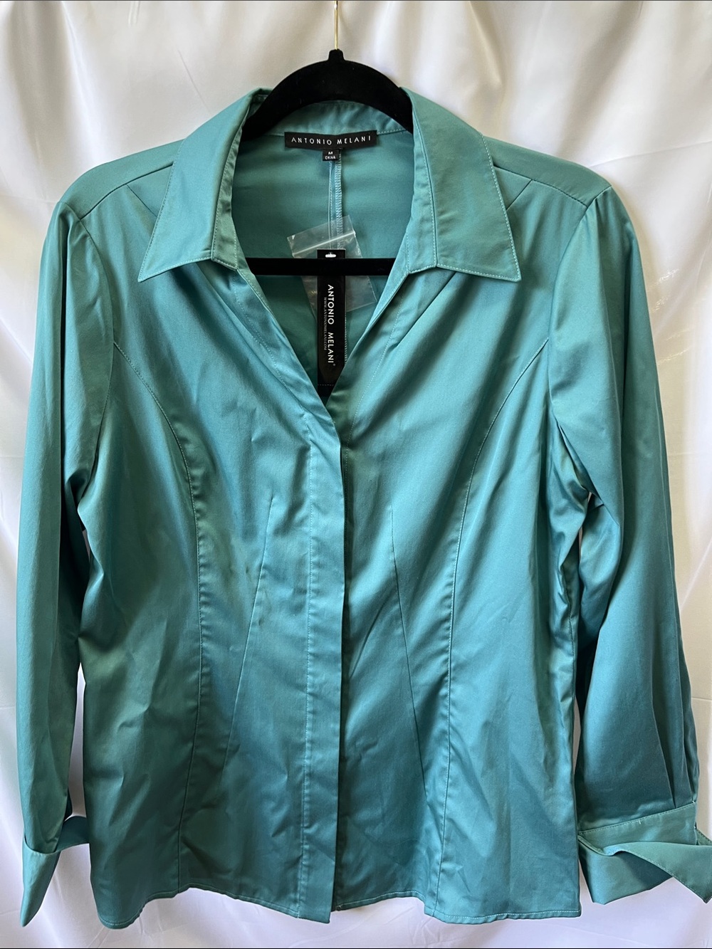 ANTONIO MELANI Teal Button-Front Satin Blouse